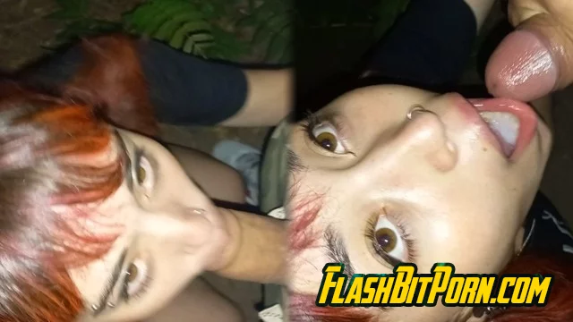 Risky blowjob in a public park at night ends with a cumshot in the mouth