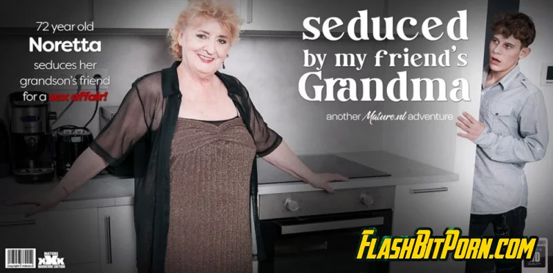 Curvy 72 year old granny Noretta seduces her grandson's best friend to fuck her hard on the couch